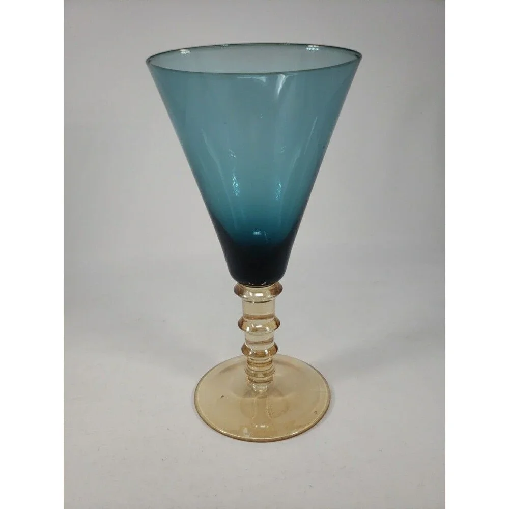 Vintage MCM Smoky Blue Glass Goblet Amber Stepped Ribbed Stem 2-Tone Wine Glass